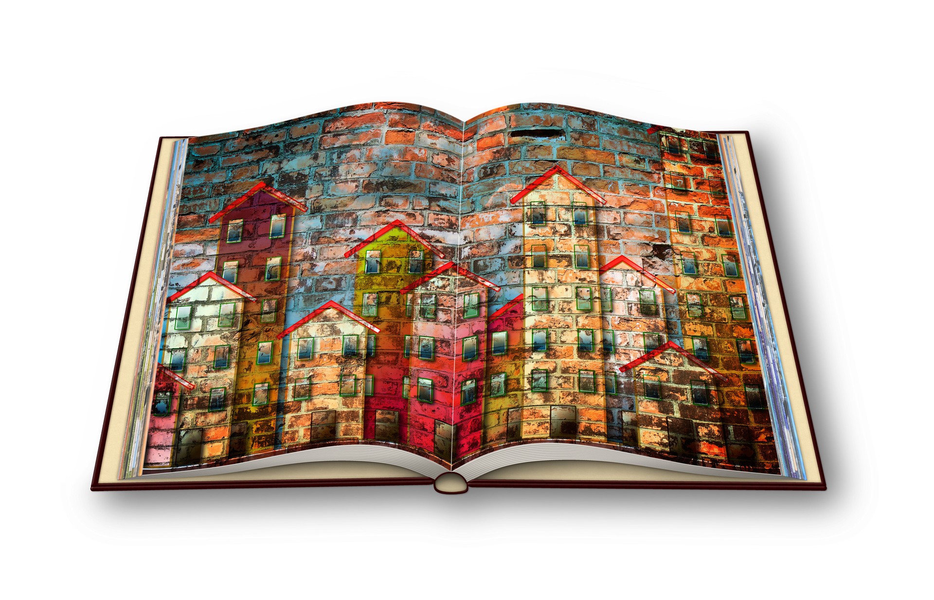 3D render de um photobook aberto com imagem do conceito de habitação pública. Eu sou o proprietário dos direitos autorais das imagens usadas neste render 3D.